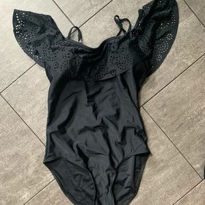 Black laser print off the shoulder swimsuit